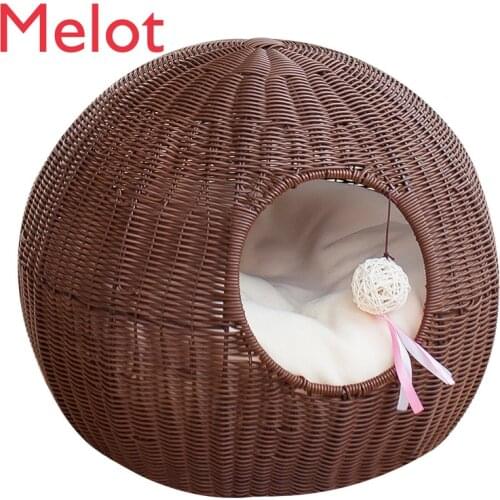 Cat Nest Winter Closed Villa Rattan Small House Cat Washable Four Seasons Universal Woven Nest Sofa Bed Pet Bed Cat House