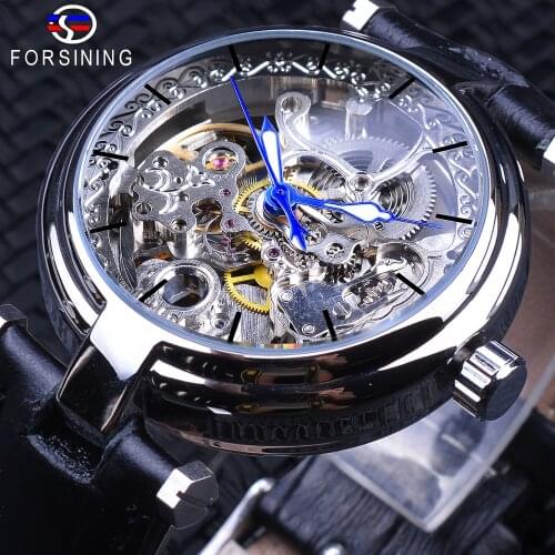 Forsining 2018 Silver Skeleton Watches Fashion Blue Luminous Hands Genuine Leather Mens Mechanical Wristwatch Waterproof Clock