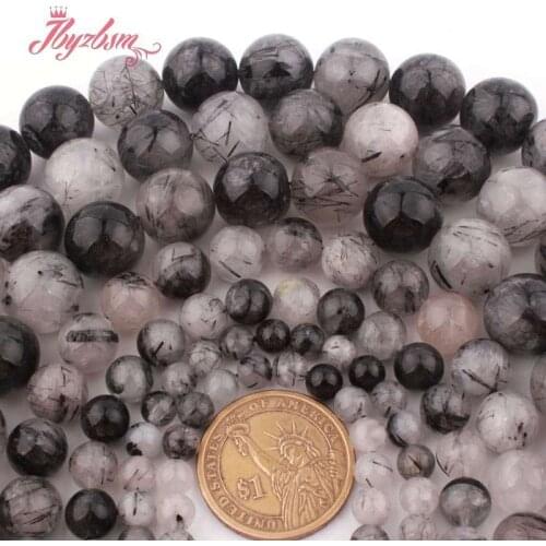 6.8.10.12mm Round Smooth Black Rutilated Natural Stone Beads 15" for DIY Accessories Women Men Necklace Bracelets Jewelry Making