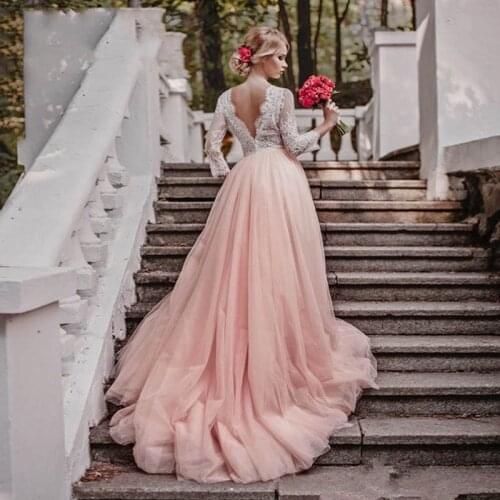 Long Sleeves Pink Wedding Dresses V-Neck Lace Appliques Sweep Train A-Line Open Back Bridal Gowns Married Vestidos De Noivas