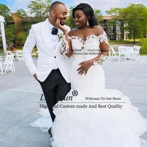ToP Sale Long Sleeves Ruffle African Mermaid Wedding Dresses 2021 Organza Beads Sheer Bride Dress Lace Big Train Wedding Gown