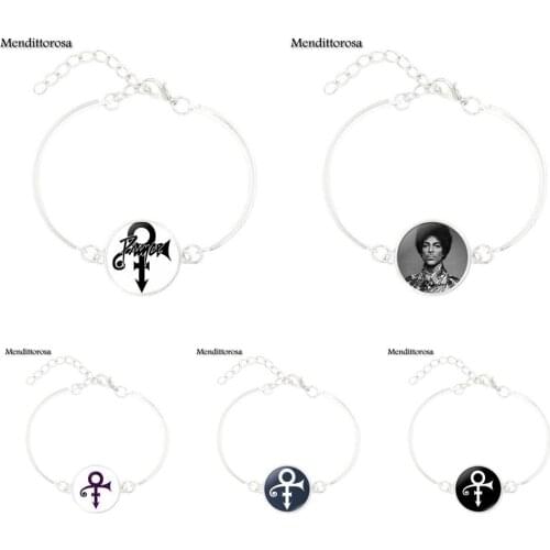 Mendittorosa Prince RIP Symbol Logo Love Gothic Silver Plated Jewelry With Plated Glass Cabochon Bracelet Bangle