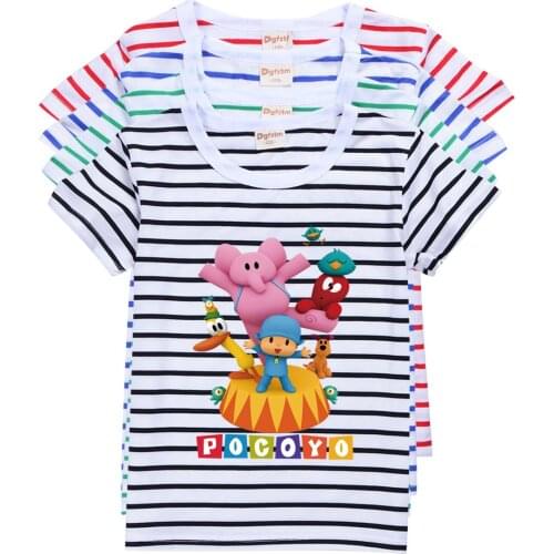 2021 New summer kids cartoon Pocoyoe print T-shirt funny boy tops cute baby girl clothes childrens short-sleeved stripe t shirt