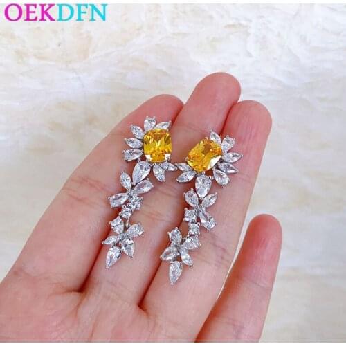 OEKDFN 100% 925 Sterling Silver Drop Earrings Oval Cut Citrine Created Moissanite Gemstone Wedding Vintage Romantic Fine Jewelry