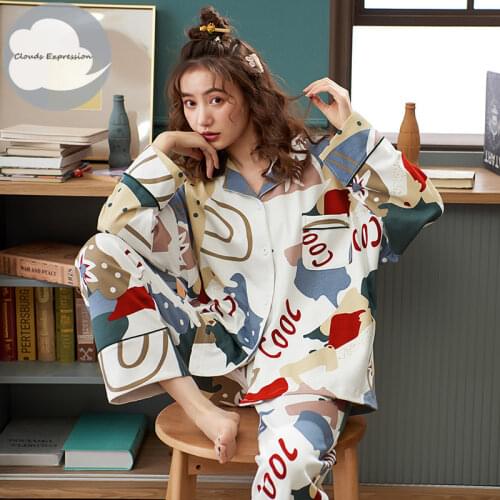 Spring Autumn Floral Womens Sleep Lounge Pajamas Long Sleeved Elegant Women Pajama Sets Pyjamas Cotton Sleepwear M-3XL Homewear