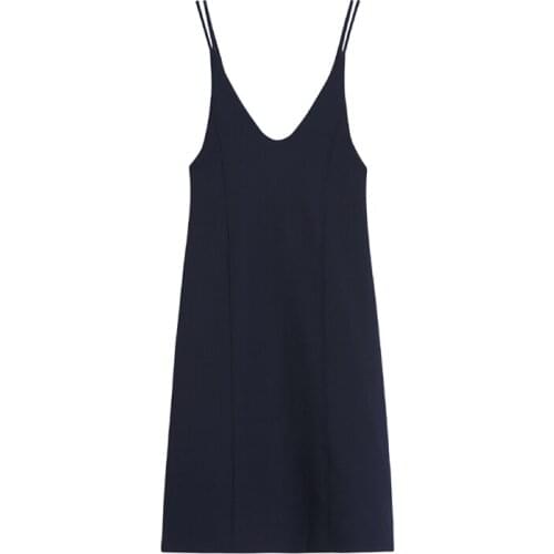 PERHAPS U V neck Spaghetti Strap Sleeveless Navy Blue Women Midi DressMid-calf Solid Zipper D2218