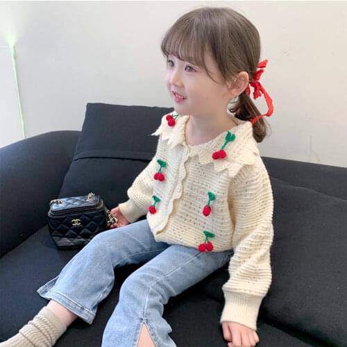 Girls Baby Kids Casual Embroidered Cherry Sweater Autumn Winter Knitted Sweater Cardigan Children Flowers Coat Outwear Clothing