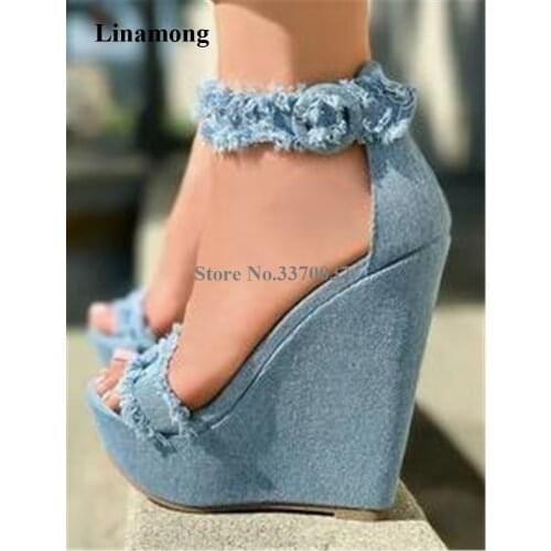 New Fashion Women Summer Blue Denim High Platform Wedge Sandals Ankle Straps Fringes Height Increased Jean Sandals Sexy Shoes