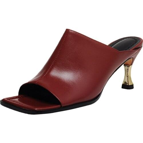 Women High Heel Genuine leather Sandals luxury brand Chic Square Toe Slippers Retro High Heels Sexy Women Summer Slippers