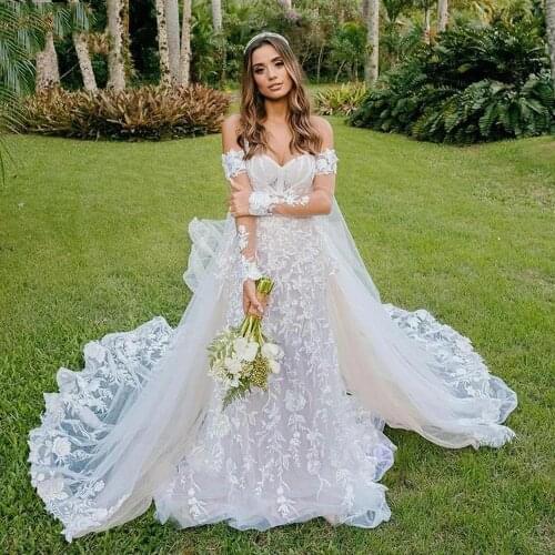 Off the Shoulder Long Sleeve Mermaid Wedding Dresses 2021 Lace Appliques Detachable Train Bridal Gown Country Vestido De Novia