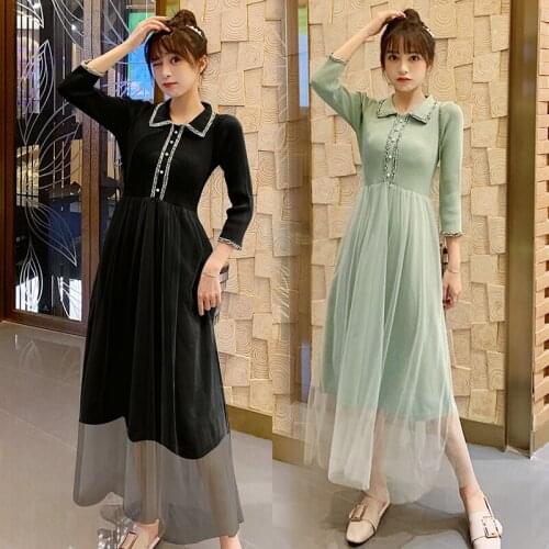 Spring Autumn Maternity Breastfeeding Dresses Fashion Net Yarn Patchwork Knit Sweater Dress Nursing Long Skirt for Pregnancy