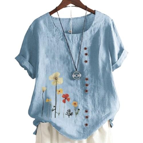 Elegant Floral Print Button Decoration Cotton Polyester Shirt Women Summer O-Neck Short Sleeve Tops Casual Plus Size Blusas Muje