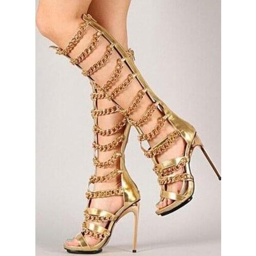 New Fashion Women Open Toe Knee High Chain Design Gladiator Boots Gold Black Silver Stiletto High Heel Sandal Boots Dress Shoes