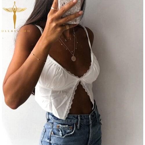 Casual Solid Stitching Lace Sling Womens Crop Top Sexy V Collar Backless Split Female Pullover Tops Street Sleeveless Camisole