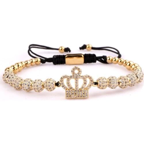 Fashion Luxury Elegant CZ Micro Pave Ball Crown Cute Design Beaded Adjustable Macrame Bracelets Women Men