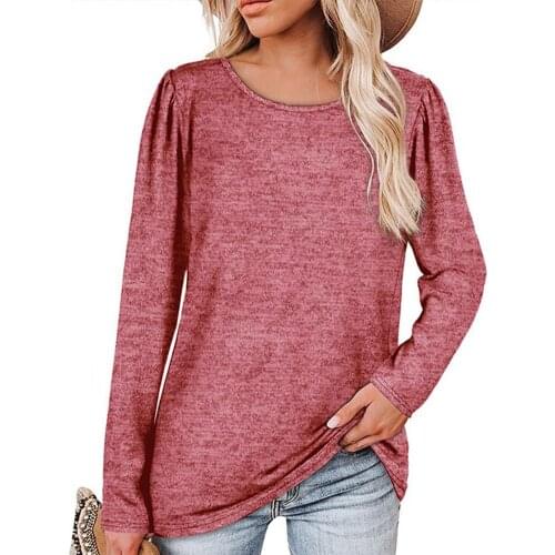 Long Sleeve Solid Color Women Top Autumn Winter O-Neck Pleated Shoulder Tunic Blouse Pullover