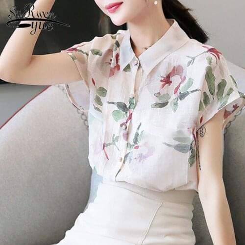 2021 Summer Fashion Women Chiffon Blouses Casual Floral Women Chiffon Tops Turn-down Collar Short Sleeve Fashion Clothing Chic