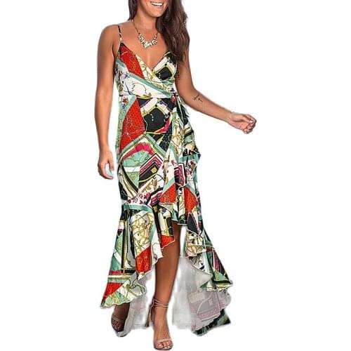 Sexy Sling Backless Ruffle Irregular Dress For Autumn Women New Fashion Printed Sleeveless Off Shoulder V-Neck Splice Long Dress