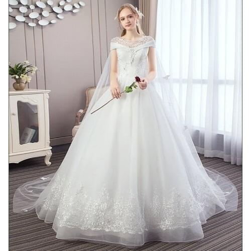 Wedding Dresses Illusion O-Neck Short Lace Up Tulle Pearls Sequined Embroidery Luxury Court Train Elegant Women Bride Gown GB018