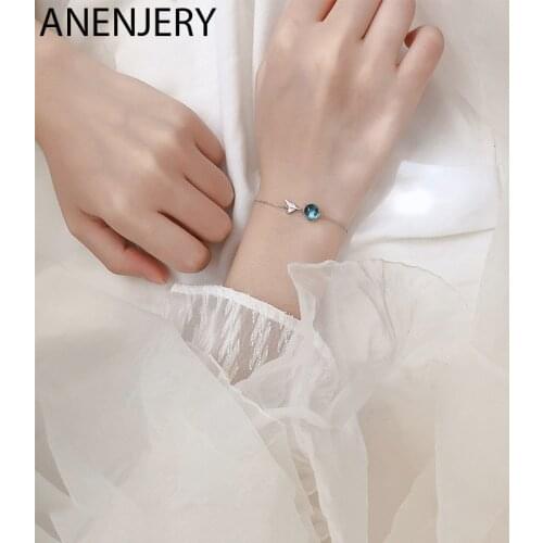 ANENJERY 925 Sterling Silver Fashion Blue Crystal Fish Tail Charm Bracelet For Women Jewelry Wholesale S-B373