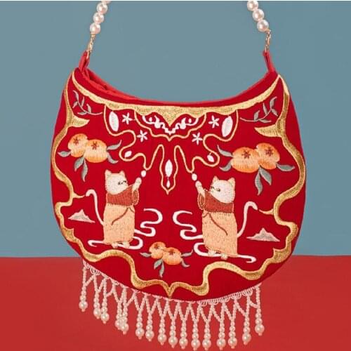 Angelatracy 2021 Cat Hanfu Lady Lady Animal New Year Embroidery Floral Pearl Tassel For Women Shoulder Bag Crossbody Hobos Bag
