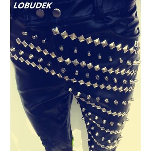 PU Leather Pants Fashion Male Costume Rivet Slim Black For Singer Dancer Stars Performance Nightclub Bar