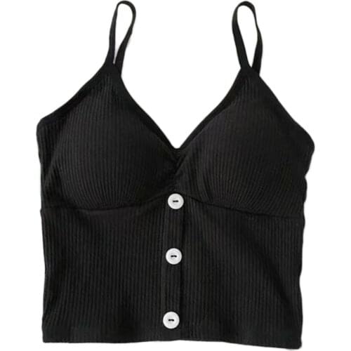 Womens Sexy V Neck Ribbed Knit Strappy Bralette Solid Color Buttons Front Camisole Bra Casual Push Up Padded Tank Top