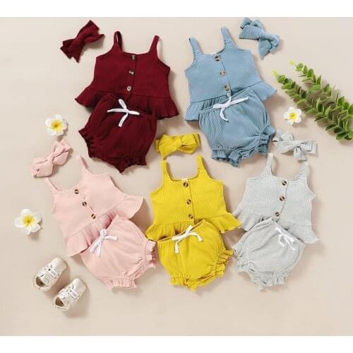 0-24M Newborn Baby Girls Clothes Sleeveless Ruffle Solid Color Crop Tops+Shorts+Headband Outfits Baby Summer Clothing Sets