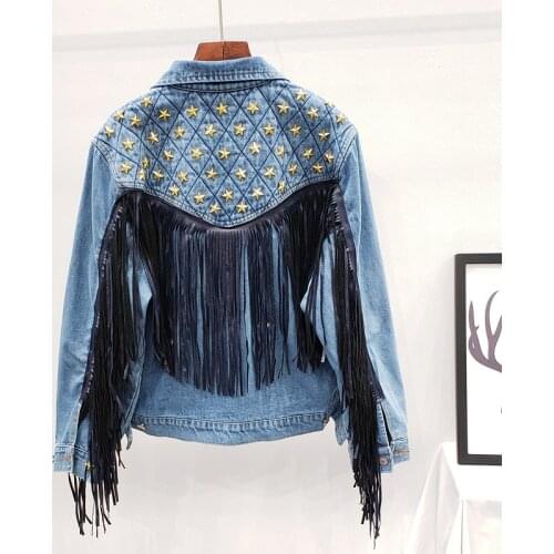 Denim Women Jacket 2021 Autumn New Spring Vintage Star Rivet Suede Fringe Loose Coat Long Sleeve Outerwear Female Boho Jacket