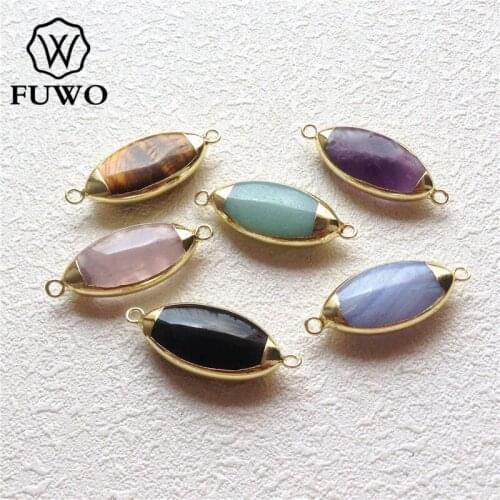 FUWO Horse Eye Shape Natural Stone Connector Pendant 24K Gold Color Plated Crystal Quartz For Jewelry Making PD148