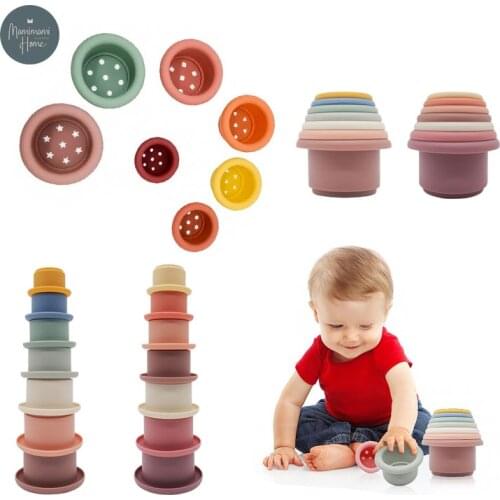 New Baby Stacking Cup Intelligence Toy 7Pc Food Grade Silicone Rainbow Stacking Tower Toys Early Educational Toy Gift for Kids