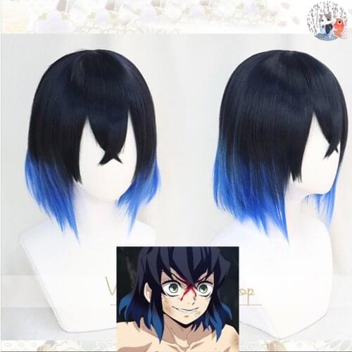 Hashibira Inosuke Short Blue Ombre Wig Demon Slayer Kimetsu no Yaiba Heat Resistant Hair Cosplay Costume Wigs + Free Wig Cap