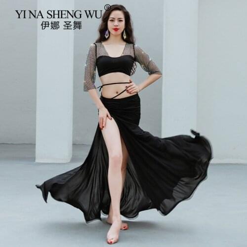 Belly Dance Costume Women 2 Piece Oriental Dance Outfit Mesh Half Sleeve Ice Profession Practice Clothes Sexy Wear Red Black Set