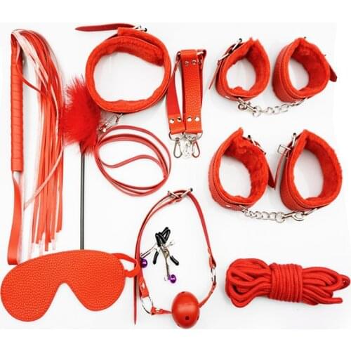 Sm Adult Game Leather Bondage Handcuffs Tied Bondage Ten-piece Set Plush Leather Alternative Sex Toy
