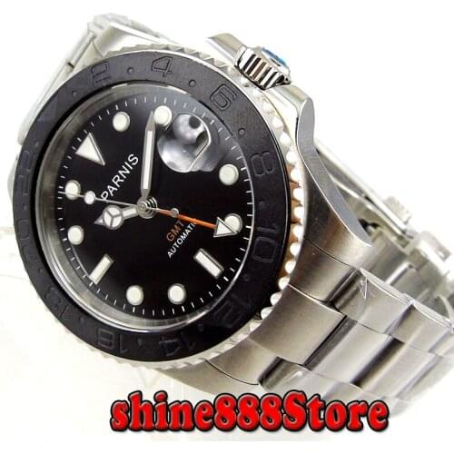 NEW Arrival 40mm Parnis factory black dial Date GMT Sapphire Glass Mechanical Automatic Mens Watch watch Stainless steel