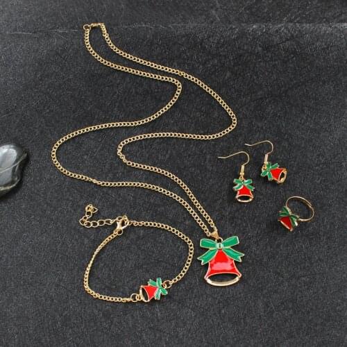 Merry Christmas Bowknot Bell Clock Necklace suit Xmas bells clock Dangle Ring Necklace Bracelets Jewelry New Year Gift