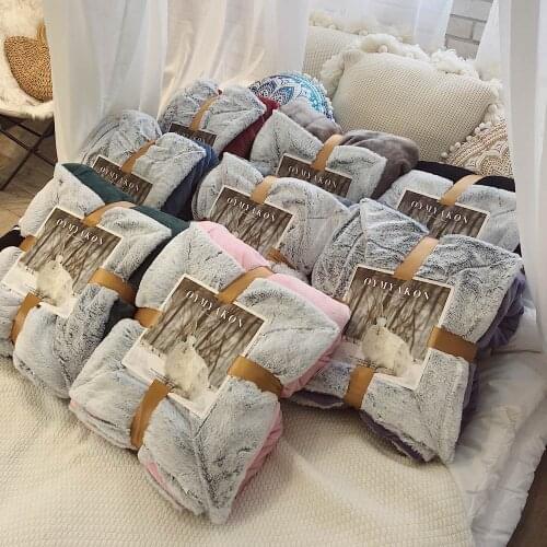 Papa&Mima Solid Nordic Wine Red Winter Fur Fleece Blanket Double-layer Microfiber Bedspread Throws Quilt Thick Warm Soft