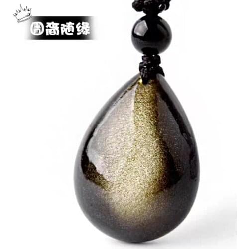 Natural Gold Obsidian Flash Light Gemstone Pendant Water Drop 30X20mm Obsidian Necklace Shipping AAAAA
