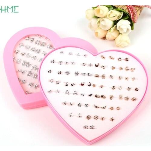36Pairs Random Mixed Rhinestone Animal Star Shell Pearl Piercing Plastic Mini Stud Earrings Sets For Women Brincos Jewelry Gift