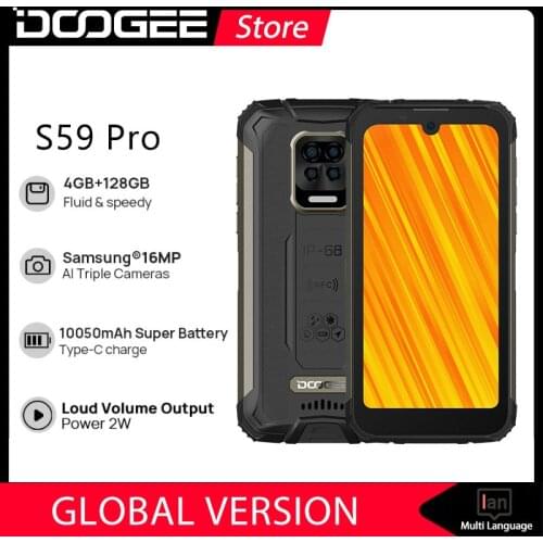 DOOGEE S59 Pro Mobile phone 10050mAh Super Battery IP68/IP69K 4+128GB NFC Rugged Smart phone 2W Loud Volume Speaker Cellphones