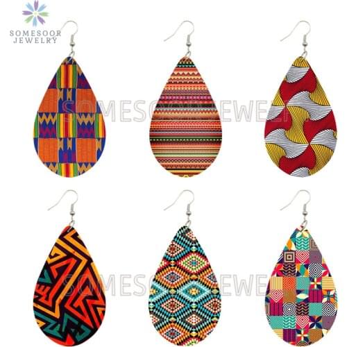 SOMESOOR Ethnicity Seamless Print Tear Drop Wooden Earrings Boho African Vintage Fabric Style Wood Dangle Jewelry For Women Gift