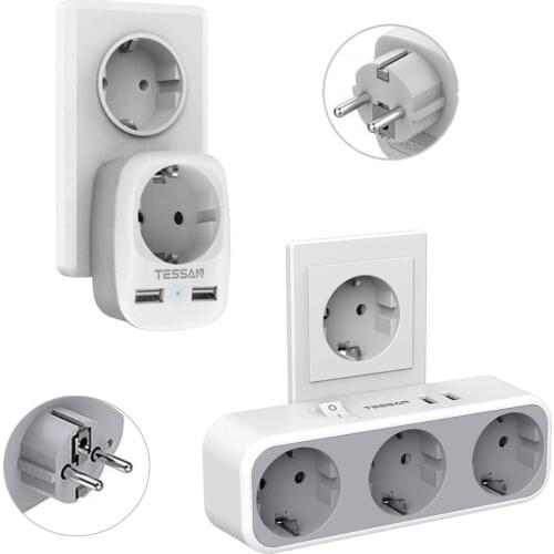TESSAN European Outlets Extender Power Strip with 3 EU Outlets, 2 USB Charging Ports and On/Off Switch EU Wall Socket for Home