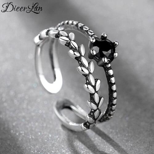 Vintage Silver Color Black Zircon Leaf Rings For Women Jewelry Beautiful Finger Open Rings For Party Birthday Gift 2021