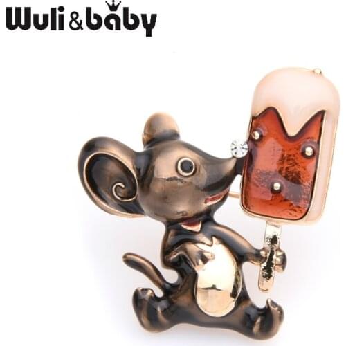 Wuli&baby Lovely Mouse Eating Ice Cream Brooches Women Alloy Enamel Animal Brooch Pins Gifts