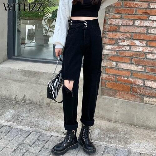 WITHZZ Womens Loose Black High Waist Straight Hole Denim Pants Asian Size Jeans