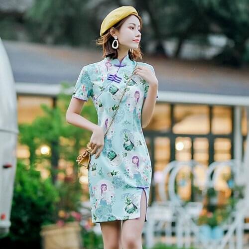 Summer Cheongsam Young Girl Cute Anime Rabbit Cherry Blossom Pink Chinese Style Dress Girl Pink Cat Print Black Color S-3xl
