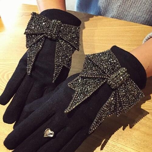 2017 Brand Luxury Womens Winter Wool Gloves Bingbing diamond Bowknot Elegant Gloves Female Mittens Cashmere Warm Gloves