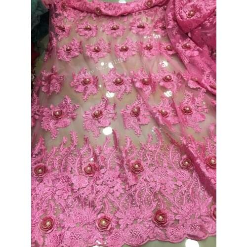 5yards BZL-BY002 Pink 3d pearls chiffon good quality nice luxury polyestor tulle mesh lace for sawing/ wedding