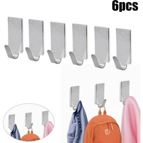 6 Pcs Holder Hook Hanger Stainless Steel W/ Adhesive Hat Towel Hanging Stick On Door Wall For Bathroom Home Decor Accessories