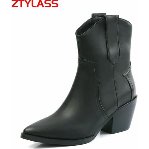 2021 Western Cowboy Boots Fashion Ankle Boots Pu Leather Wedges High Heel Women Boots Pointed Toe Autumn Winter Plush Shoes